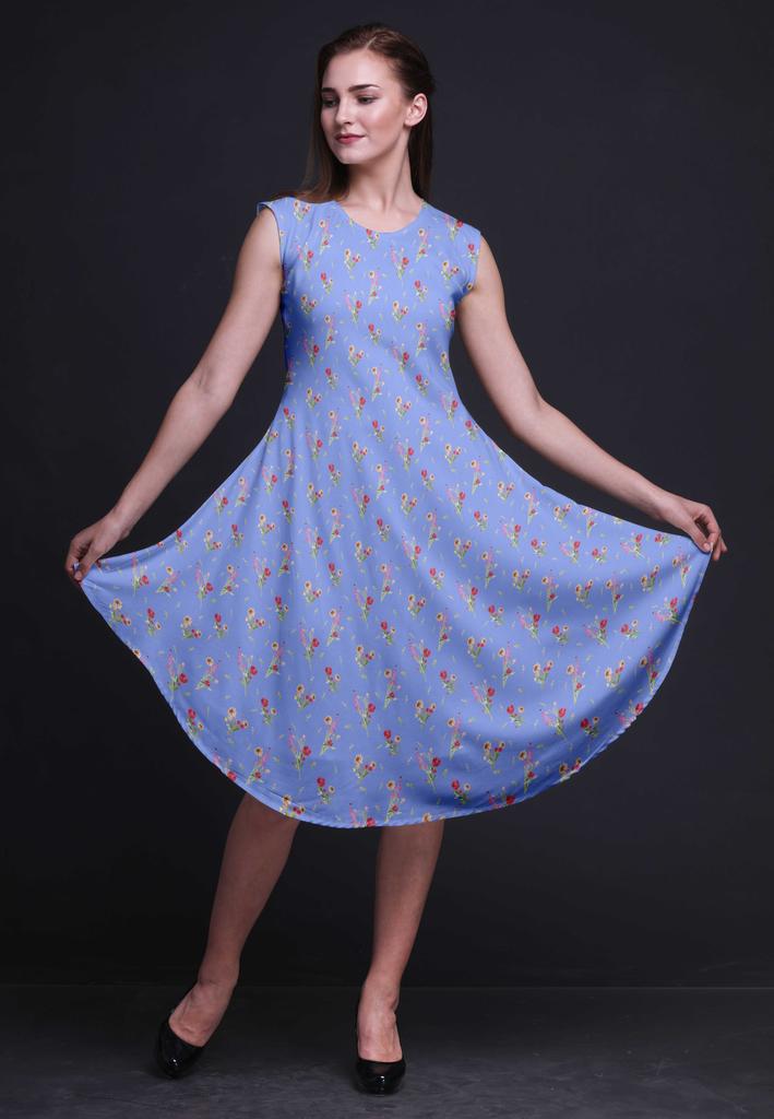 Bimba Blue Clover Leaves Floral Printed Ladies Sleeveless Round Neck Summer Dress Casual