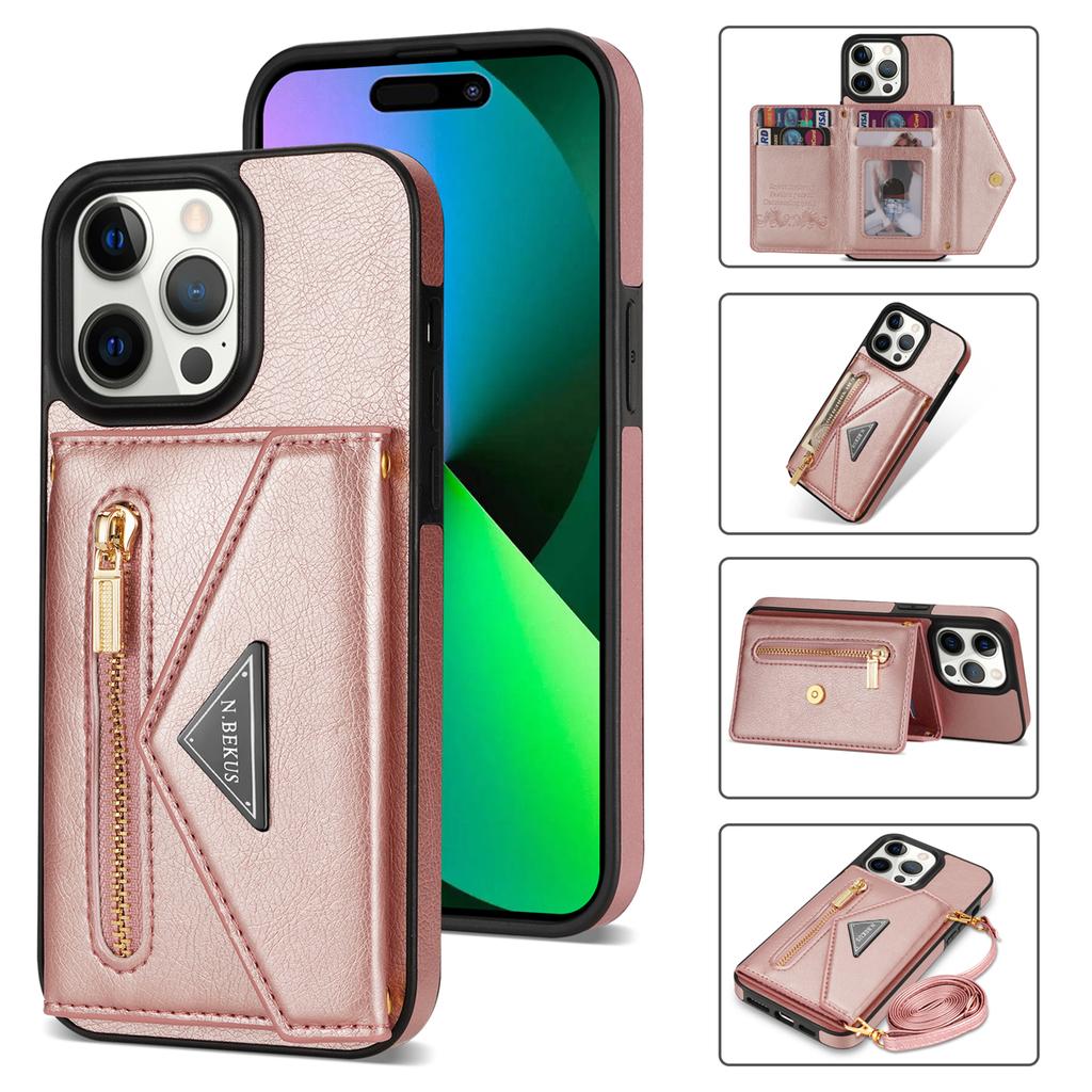 N.BEKUS For iPhone 16 Pro Max Leather Zipper Case Card Holder Phone Cover with Shoulder Strap