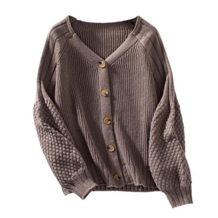 Loose Knitted Sweater Coat Women Solid Color V Neck Lantern Long Sleeve Cardigan Single Breasted