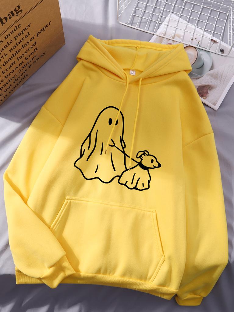 Little Devil Leading Dog Printing Hoodies Women Comfortable Pocket Hooded Winter Fleece Warm Tops Basics Sporty Woman Clothes