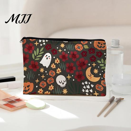 Durable Halloween Bag Storage Bag, with Pattern Printed, Smooth Zipper Tight Sealing Canvas Makeup Large Capacity Travel Cosmetic Pouch Small Object