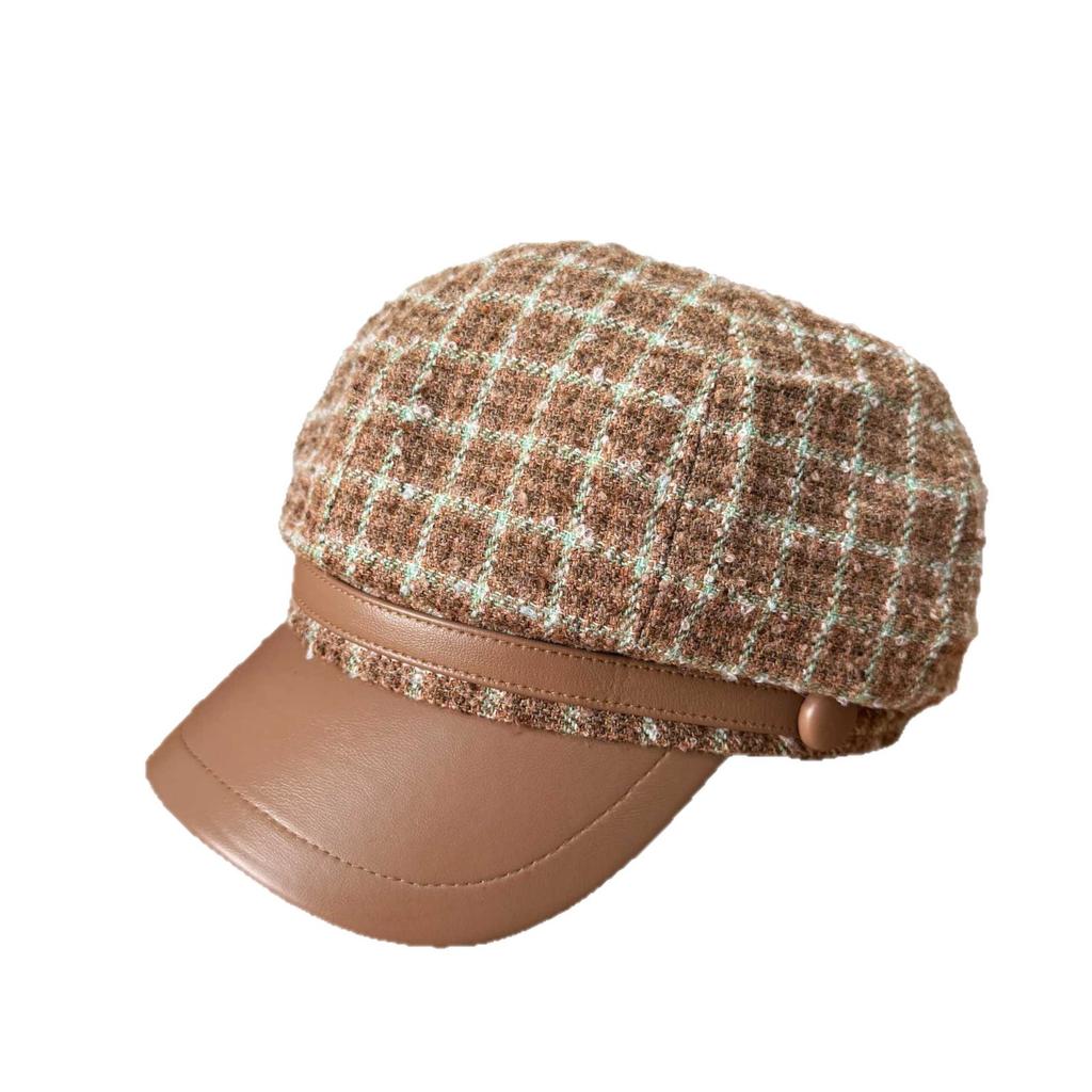 Tweed plaid fashion octagonal hat Children's autumn and winter British versatile newsboy hat Cold and warm temperament cap