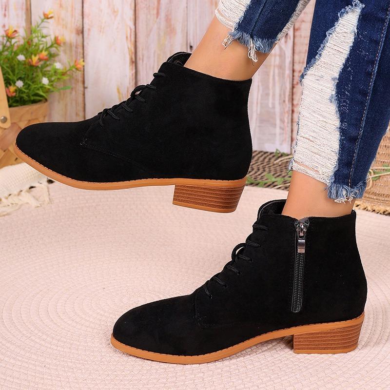 Flat low-heeled Martin boots women's autumn and winter new matte suede short thin boots lace-up side zipper women's boots
