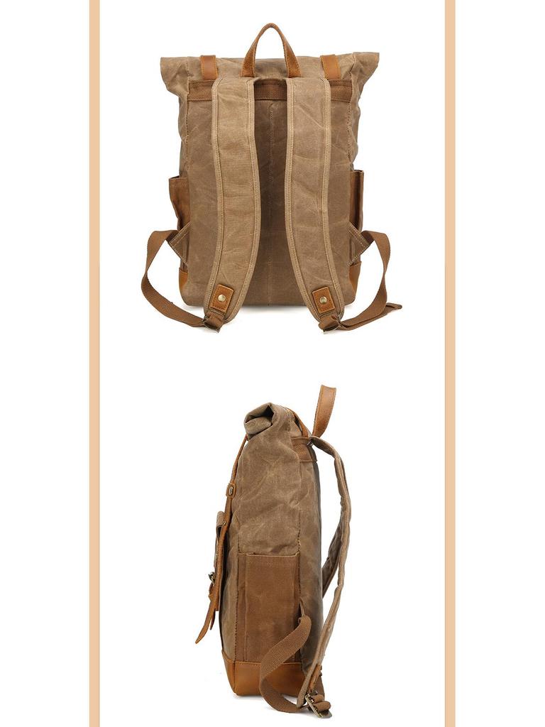 Retro Waxed Canvas Backpack with Leather Trim - Large Capacity, Pepper Salt Design, In Stock