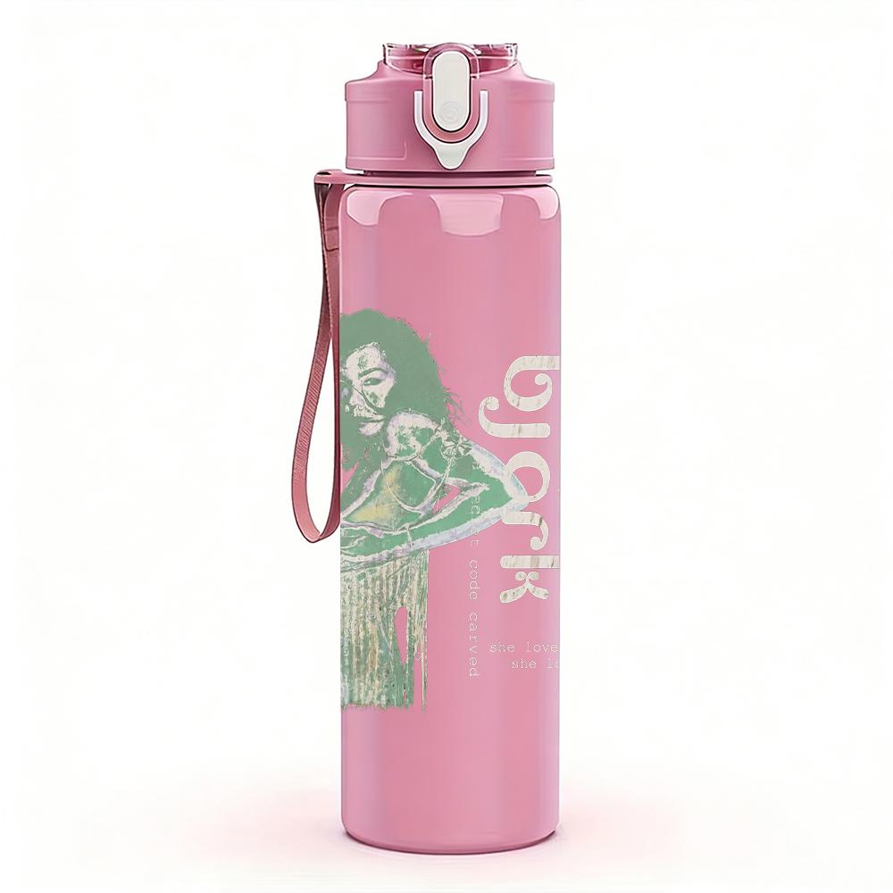 1PC Retro female singer faint silhouette print 750ml colorful plastic sports water bottle leakproof pop up lid with straw for outdoor work home use