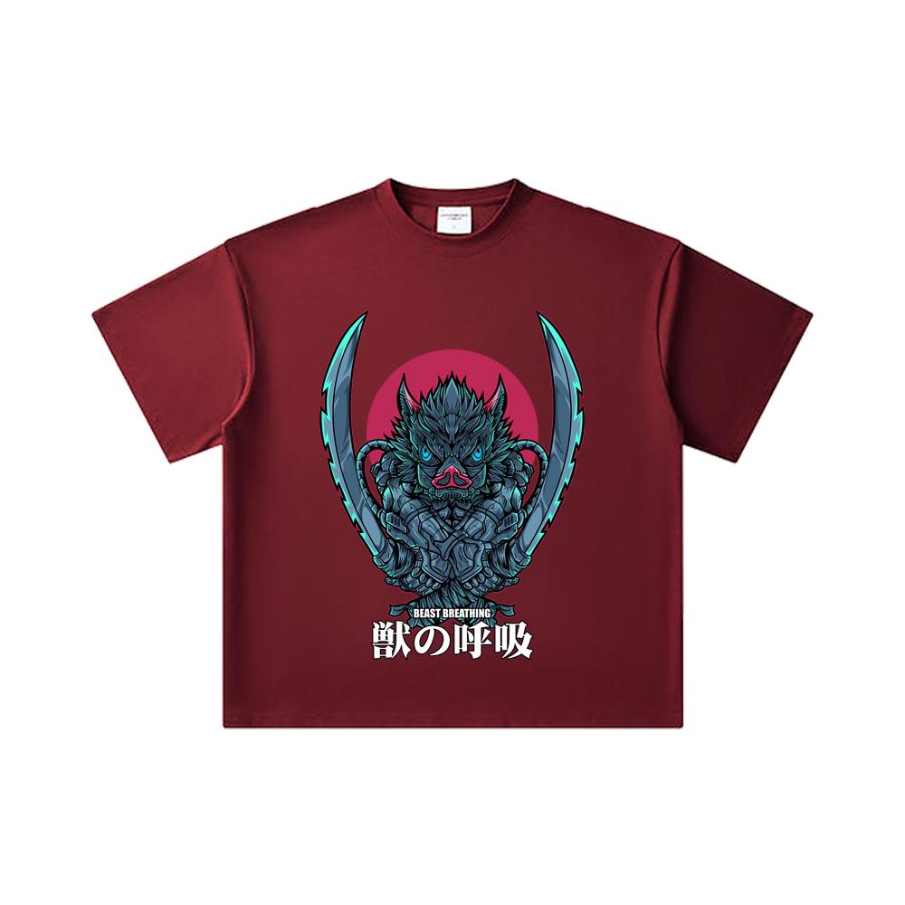 260 GSM Double Yarn 32 Count 100% Cotton Demon Slayer V29 Inosuke Print Unisex Heavy Cotton T Shirt
