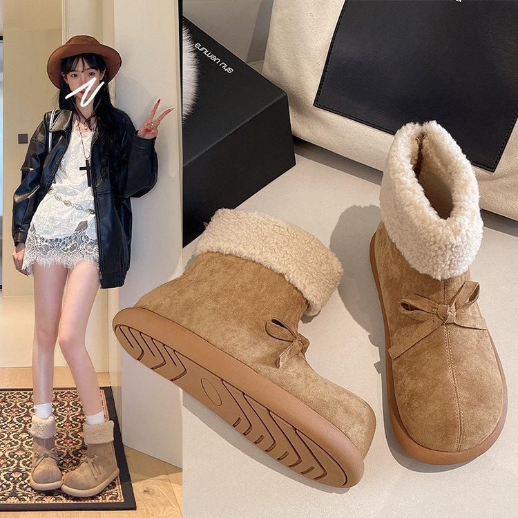 Version peau de vache~ polaire intégrée fourrure laine chaude coton bottes femmes rétro vent bottines nœud antidérapantes bottes de neige