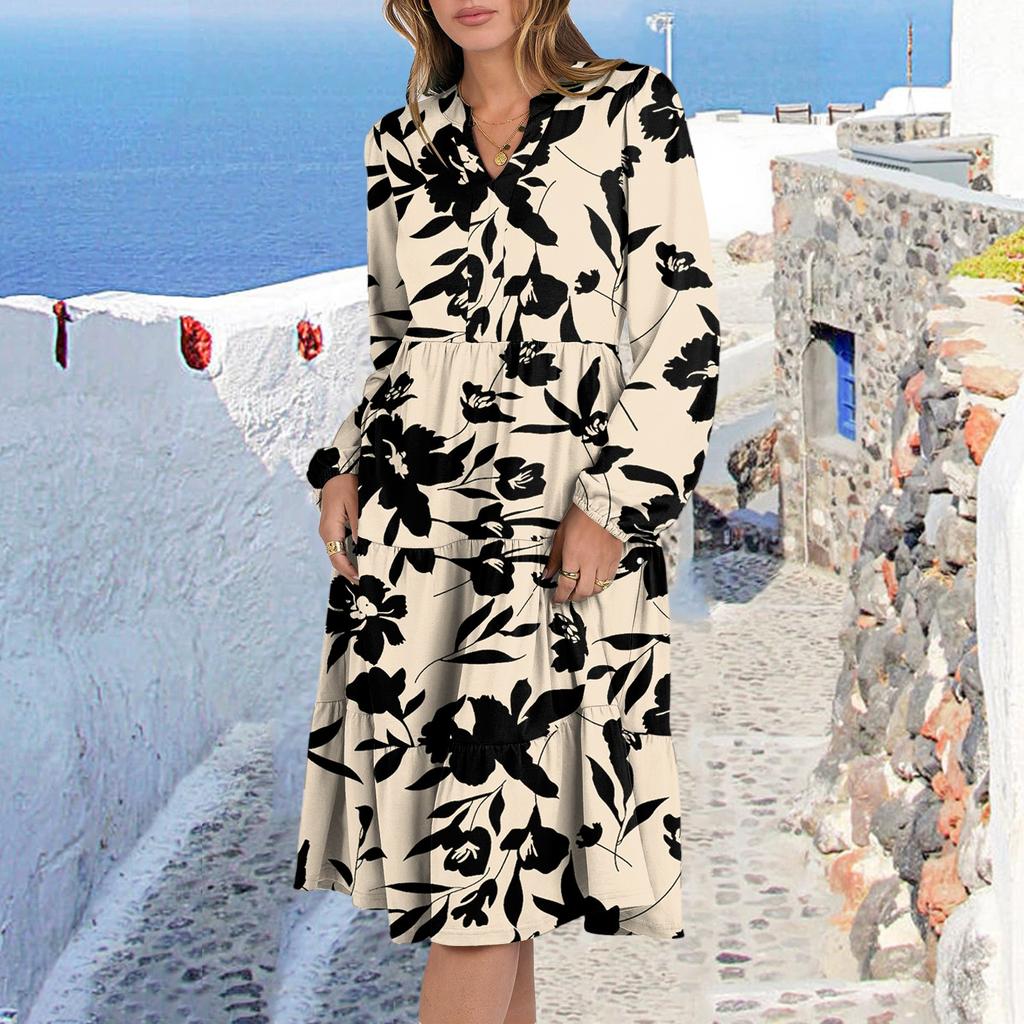 Women's V-Neck Flowing Layered Bohemian Long Sleeve Floral Print Dress