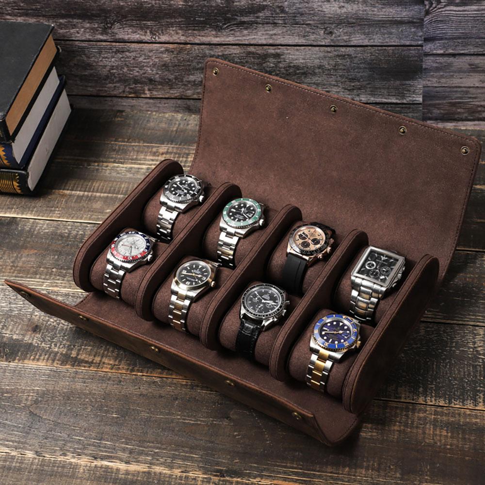 Vintage Genuine Leather Watch Roll Box Case Organizer Display Storage Box Genuine Leather Circular Hexagon Watch Display Case