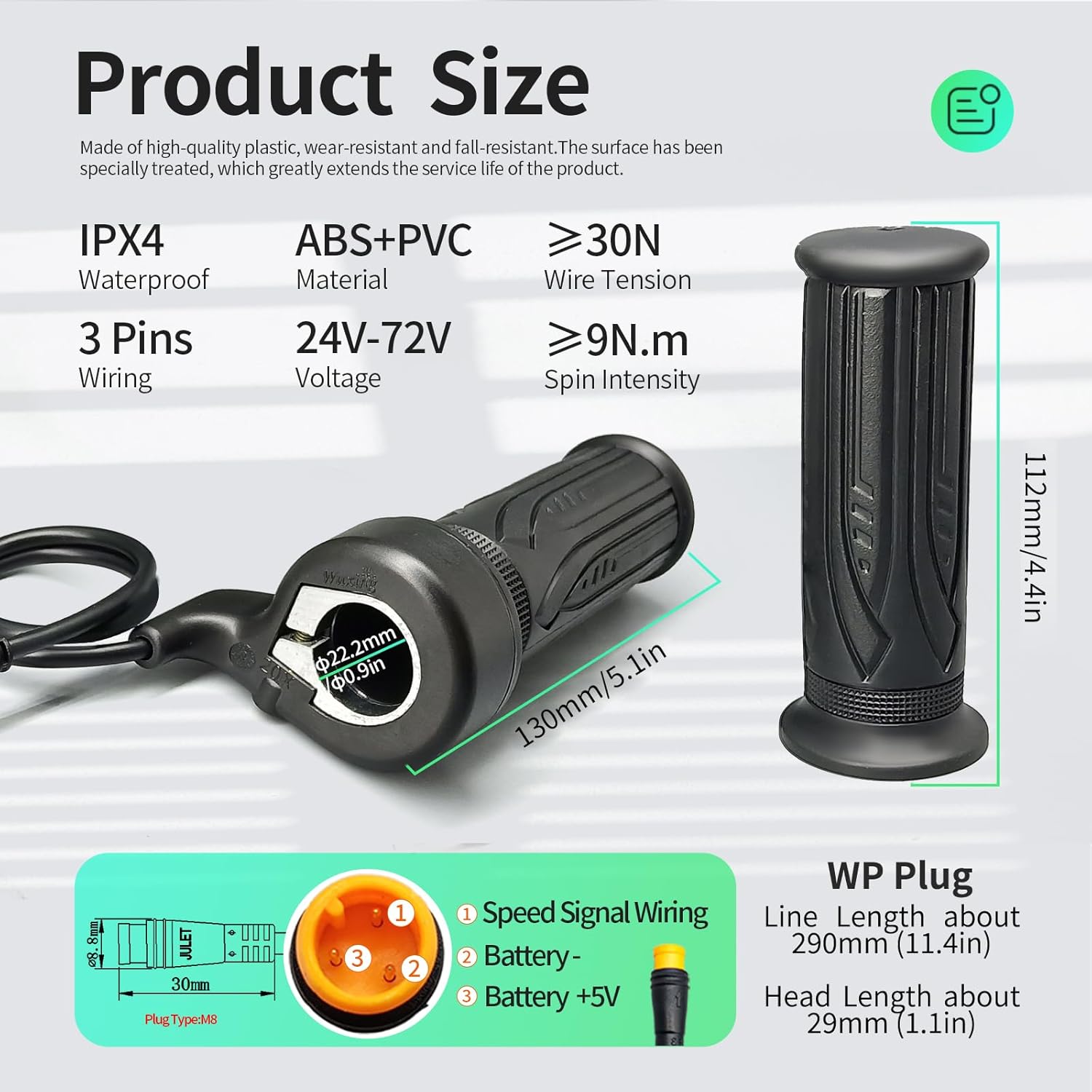 

Electric Bike Full Twist Throttle Right Handle Throttle 24V 36V 48V 60V 72V with 3 pin Waterproof/SM Connector for EBike or Folding Electric Scooter