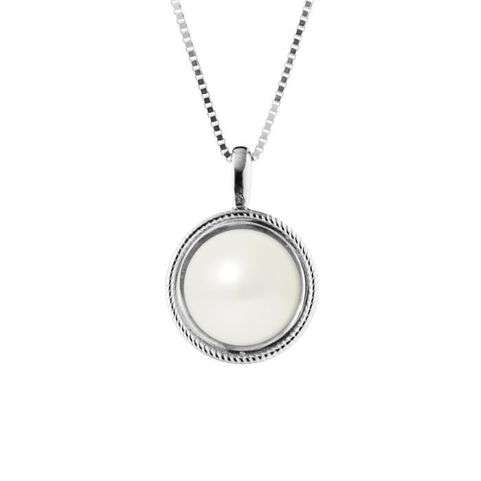 PERLINEA - Collier Simple - Perle de Culture dEau Douce AAA+ - Bouton 9-10 mm - Blanc Naturel - Argent 925 Millièmes - Bijoux Femme