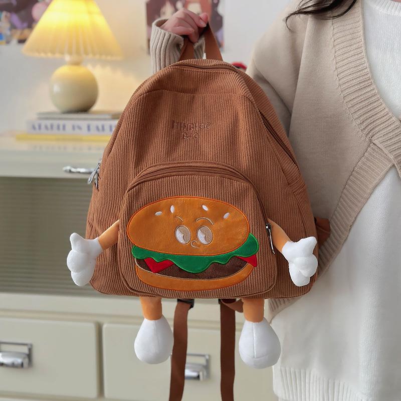 Schoolbag autumn and winter girl cute hamburger small schoolbag female Japanese ins ugly cute corduroy cartoon backpack small backpack