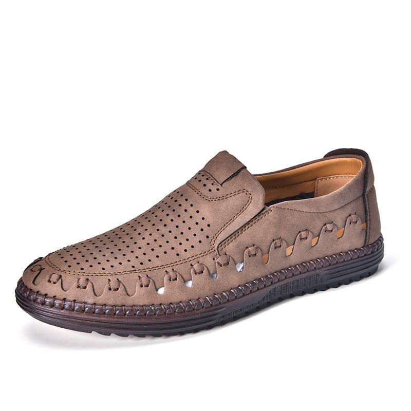 Men's Genuine Leather Casual Shoes Slip On Hollow Shoes Summer Large Size 39-48