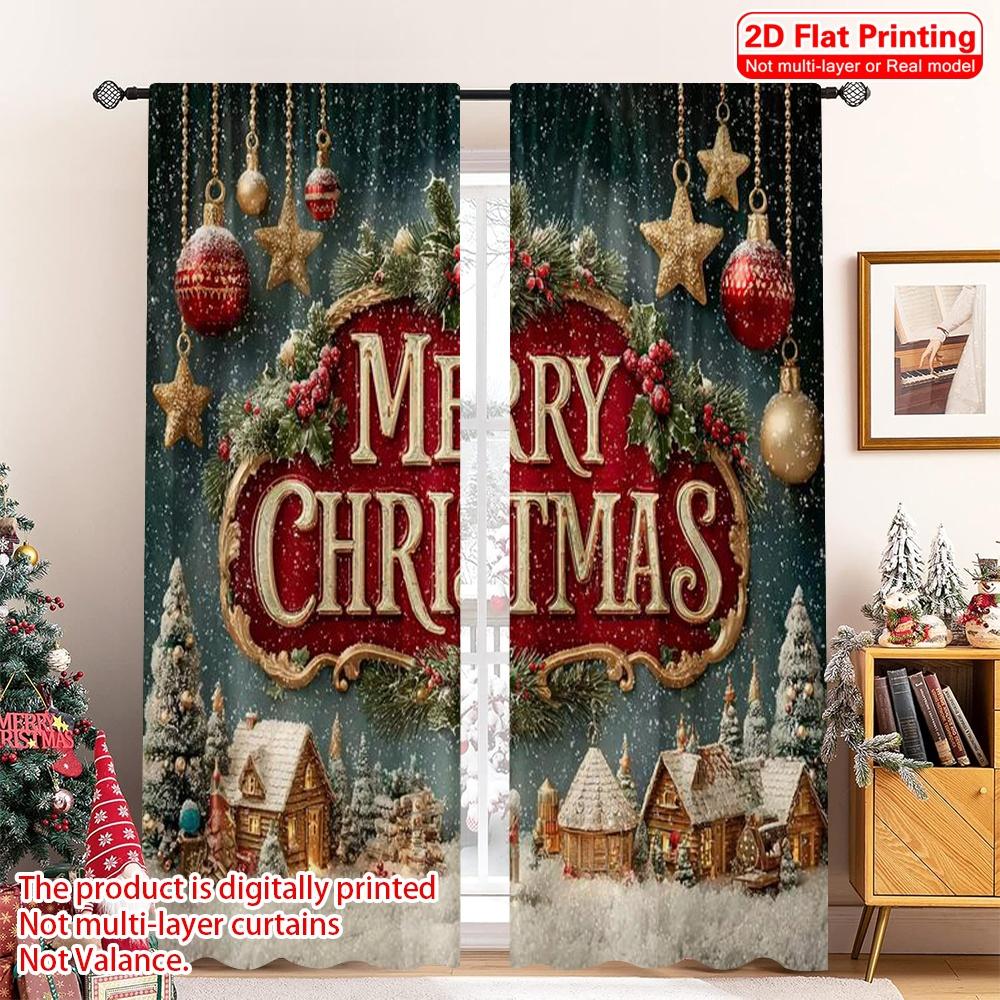 

2pcs 2D flat printing Merry Christmas Curtains Merry Christmas! Versatile Durable Polyester Without Electricity Festive Curtains 100*130 Rod Pocket 1pcs