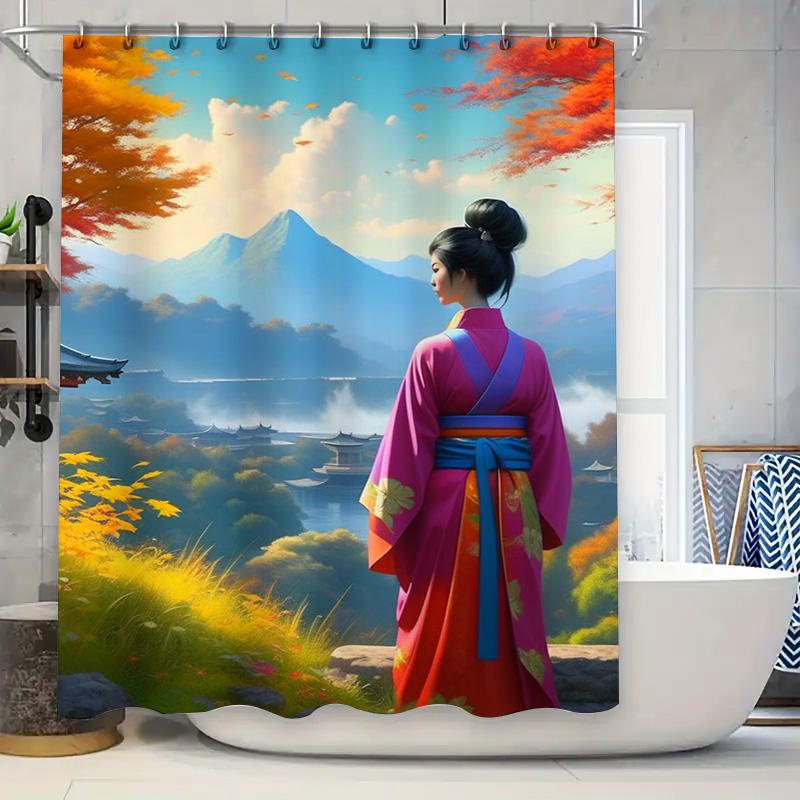 

Red Floral Shower Curtain With Blue Accents: Adding Style To Your Bathroom Decor High-Quality Printed Fabric For Home Decoration W60H190(CM)-1 Pcs