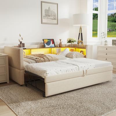 Upholstered Bed Pull-out Sofa Bed 90/180*190cm, Equipped with LED Lights, Sockets and Many Storage Compartments, Multifunctional, Single Bed, Beige.