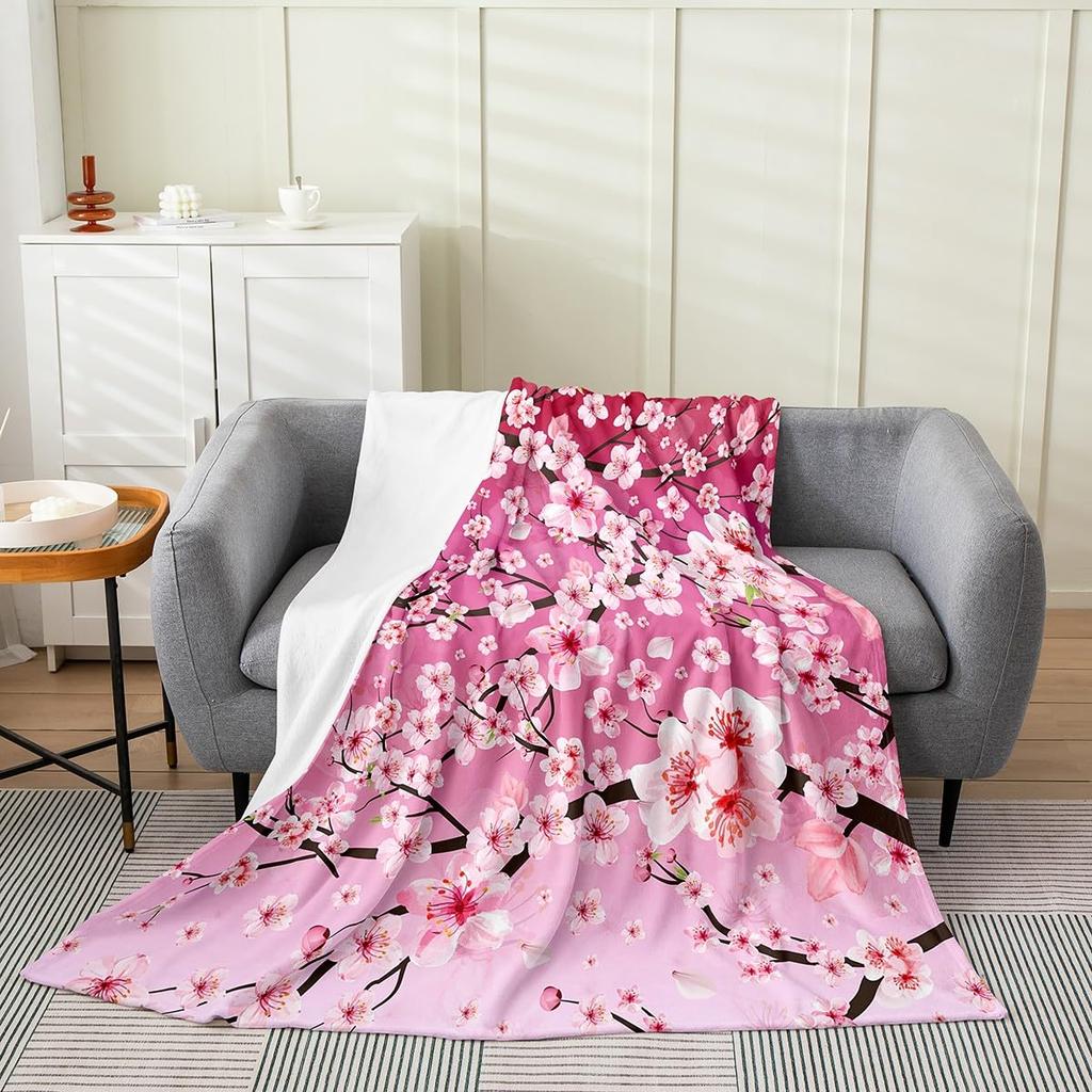 Cherry Blossom Throw Blanket Branches Flower Print Fleece Flannel Blanket Japanese Style Soft Fuzzy Blanket for Sofa Couch Bed