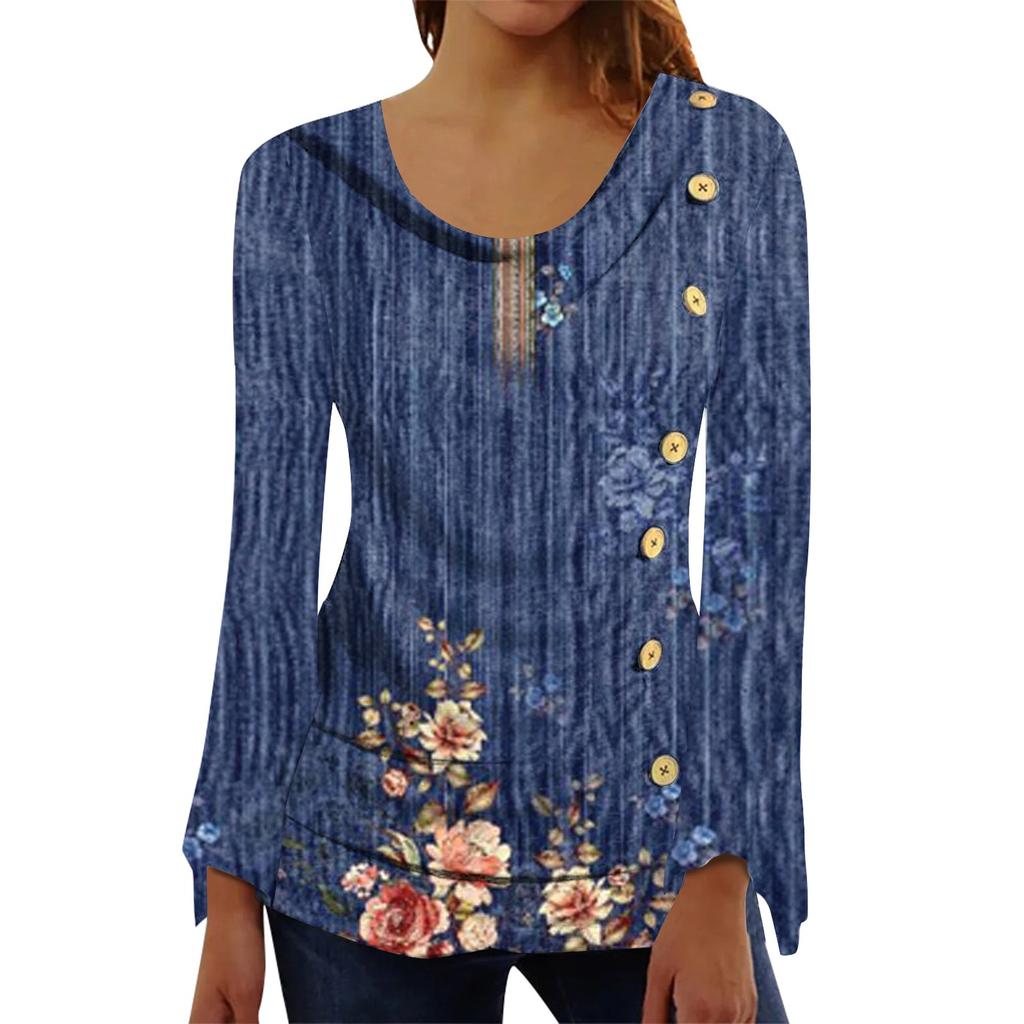 Women's Casual Fashion Button Pleated Long Sleeve Printed Top