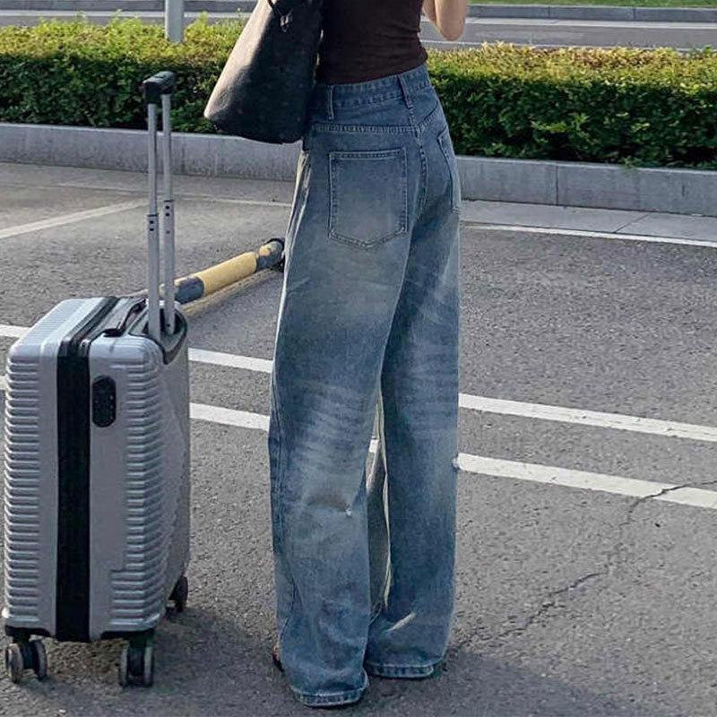 Light Colored Ripped Jeans Women's Plus Size Pear Shaped Straight Tube Loose High Waist Design Pants