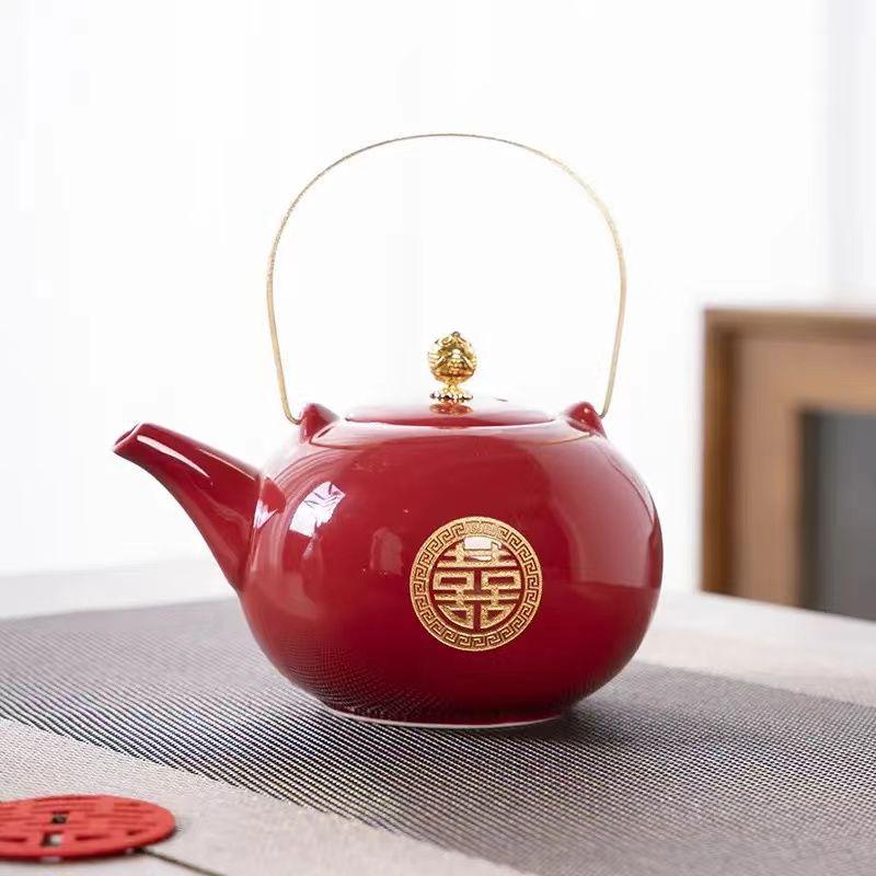 Red Chinese Wedding Tea Set: Complete Gift with Bride's Dowry Tray & Teapot