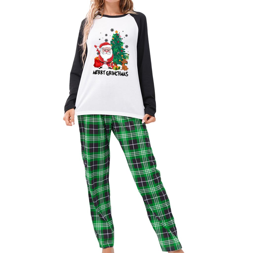 Santa Claus Pattern Autumn Shirt Top Trousers Casual Family Green Long Pants Suit Plaid Raglan Sleeve Top Pants Sleepwear Outfit