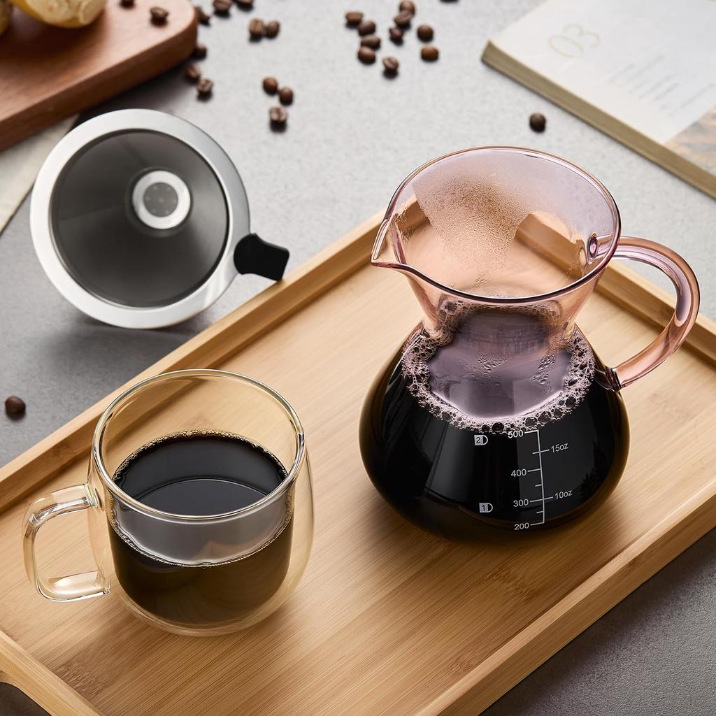 POKALOTEA Pink Drip Coffee No Paper Coffee Filter Reusable Stainless Steel Microwave Graduations Included Server, 500ml, Required, Filter,