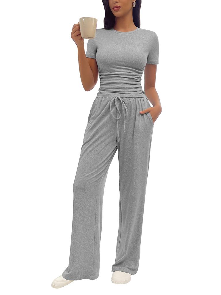 Solid Color Casual Long Sleeve Set Top High Waisted Wide Leg Pants Sportswear