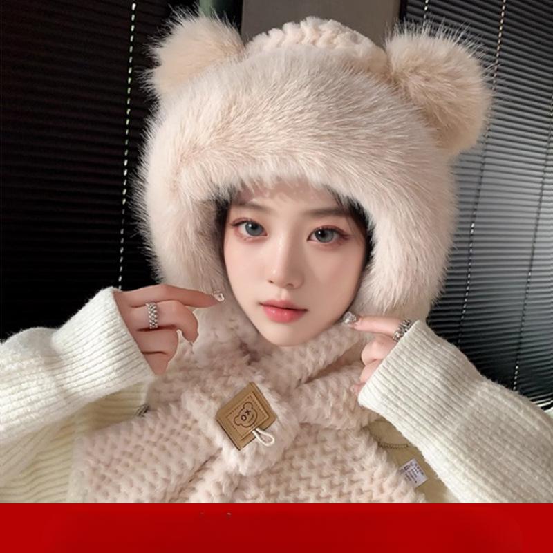 Bear Hat Scarf Integrated Women's Autumn and Winter Riding Cold Scarf Warm Ear Protection Cute Plush Gloves Mask
