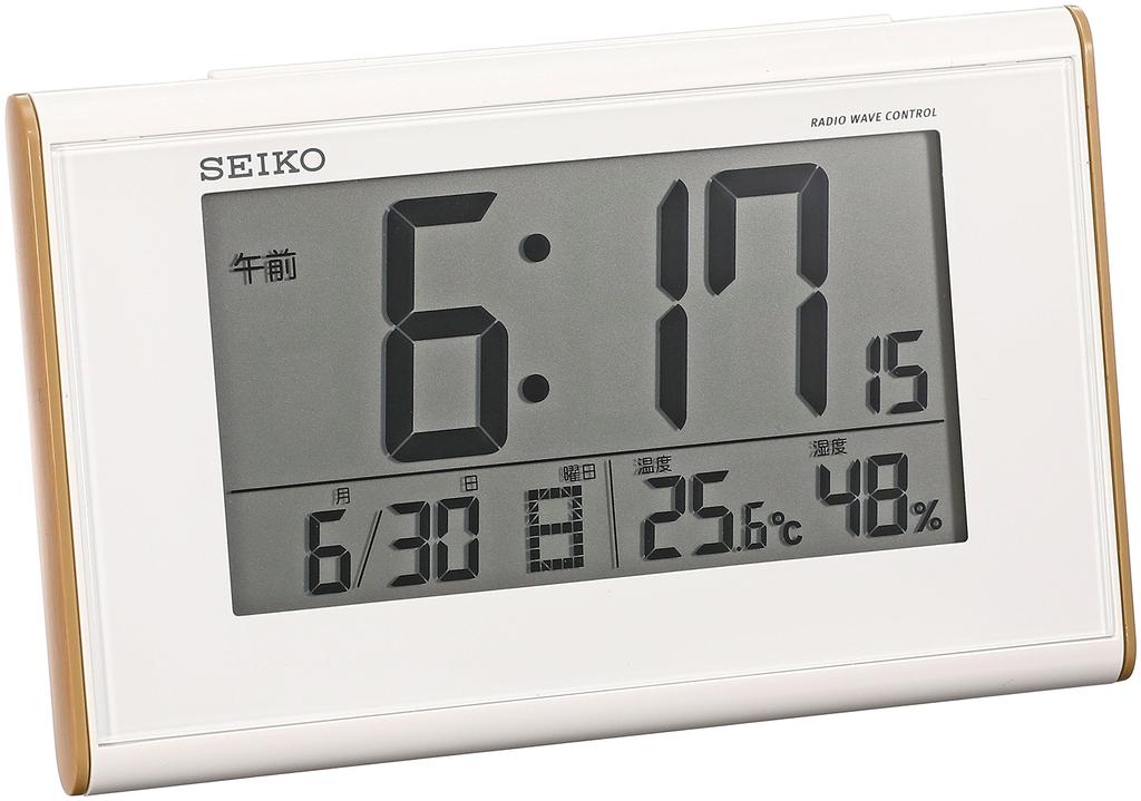 Seiko Clock Alarm Clock Radio Digital Calendar Temperature Humidity Display Light Brown Wood Grain Pattern SQ771B SEIKO White