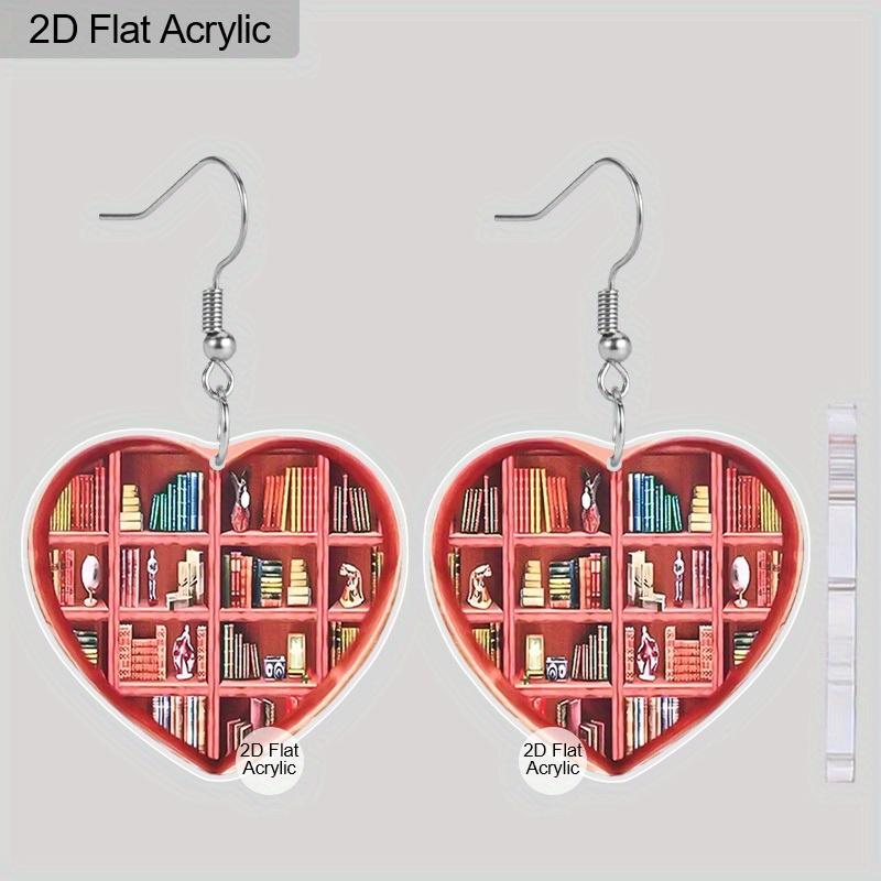 

2D Плоские Серьги-книжные полки для библиотеки, Серьги-подвески в форме сердца для книголюба, Акриловые серьги-капли в виде книжной полки для женщин, девушек, украшения для выпускного