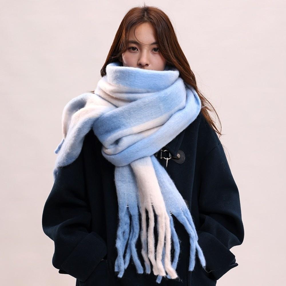 Plush Plaid Wool Scarf Mohair Long Shawl Elegant Winter Cashmere Scarves  Girl