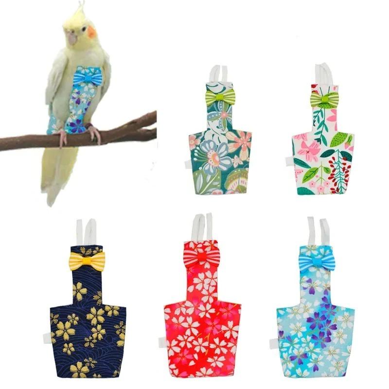 Cute Fruit Floral Washable Parrot Diaper with Bowtie for Cockatiel Pigeons Small Medium Large Pet Birds Flight Suit Clothes