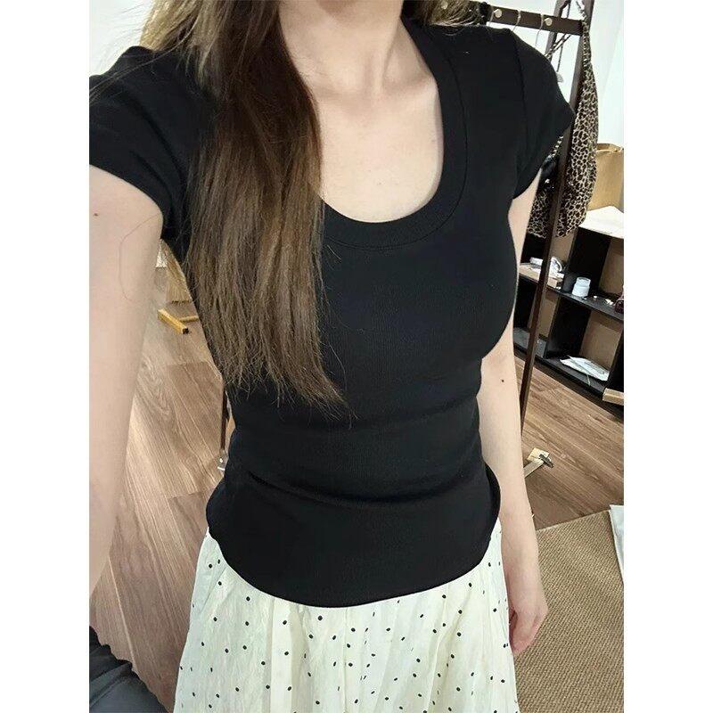 Gray pink shoulder u-neck short-sleeved T-shirt women's summer basic versatile casual sweet and spicy waist slim short top