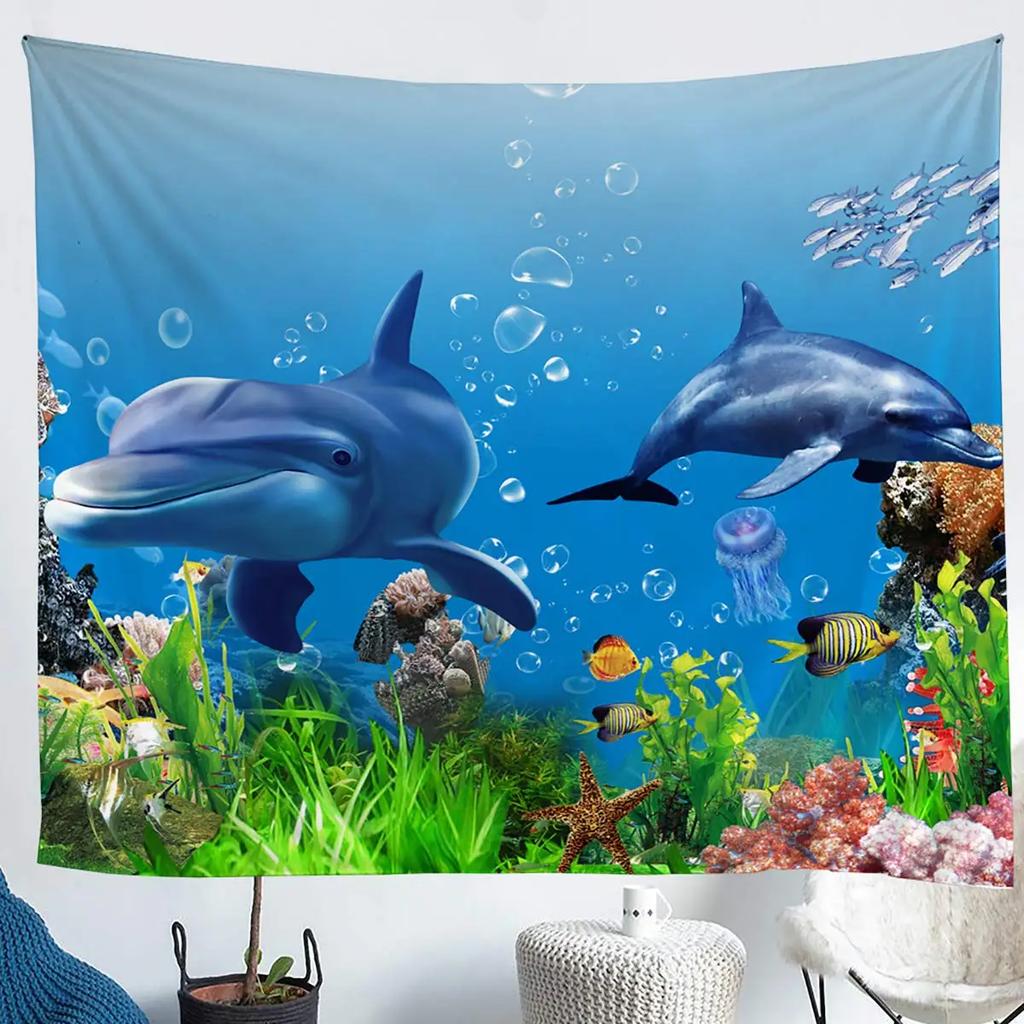 Unterwasser-Oase Wandteppich Delfin Unter dem Meer Korallenfische Anemonen Tiefsee Fantasy Blasen Wandbehänge Dekor Zimmer Wandteppiche