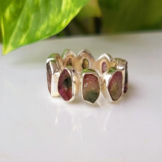 Natural Raw Bicolor Tourmaline Gemstone 925 Sterling Silver Eternity Ring 9 US
