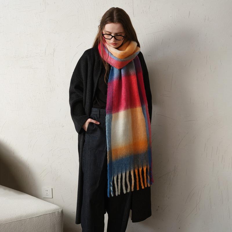 Fashion Classic Imitation Cashmere Plaid Shawl Women Korea Style Soft Thick Warm Female Scarf Fall Winter Rainbow Mohair Muffler
