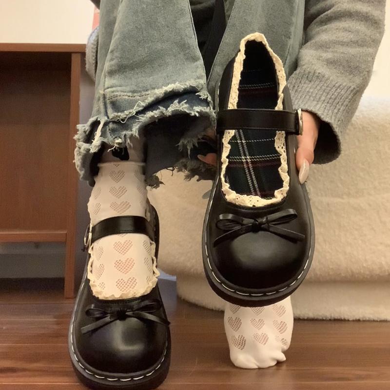 Butterfly-knot Lolita Women Leather Shoes Shallow Round Toe Ladies Concise Outdoor College Style Mary Jane Shoes