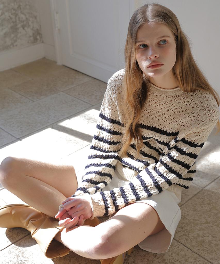 Beleunepeu Scalloped Stripe Knit Pullover_Ivory