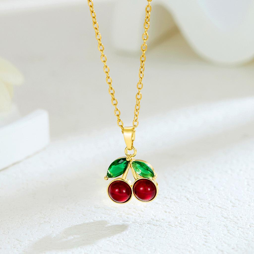 New Sweet and Cute Dripping Oil Strawberry Cherry Titanium Steel Necklace Female Simple Versatile Fruit Series Collarbone Chain