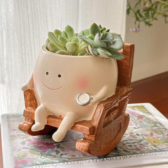 Rocking Chair Smily Face Planter Outdoor Unique Sit Rocking Chair Flower Pots Funny Planter Pot with Drainage Holes for Indoor Outdoor Plants