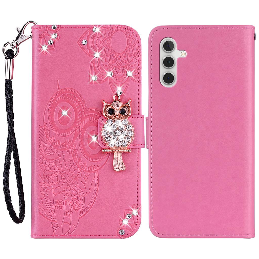 Para Samsung Galaxy S24 FE Capa Carteira Coruja Flor Estampada Strass Capa de Couro