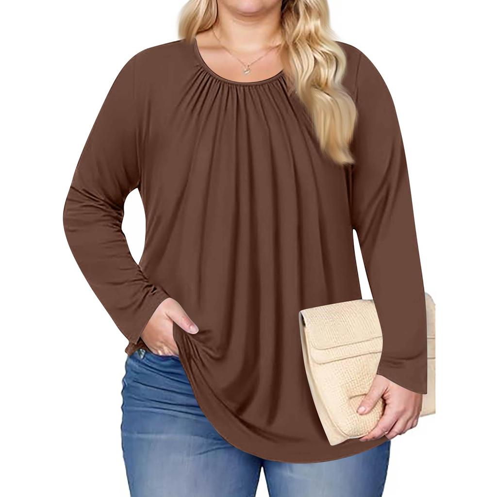 Women's Plus Size Fashion Colour Casual Pleated Round Neck Long Sleeve Top