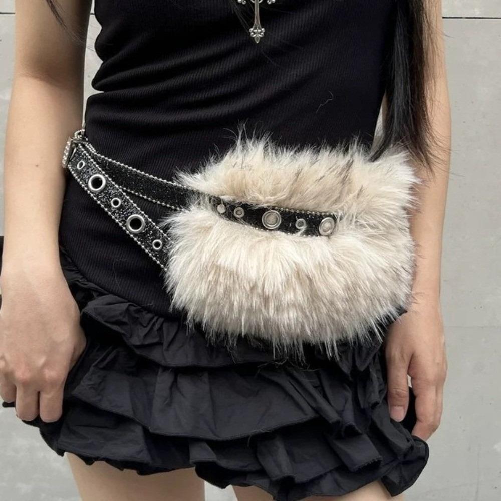 Spicy Girl Style Furry Waistband Y2K Plush Waist Belt Vintage Leather Fur Belt Daily