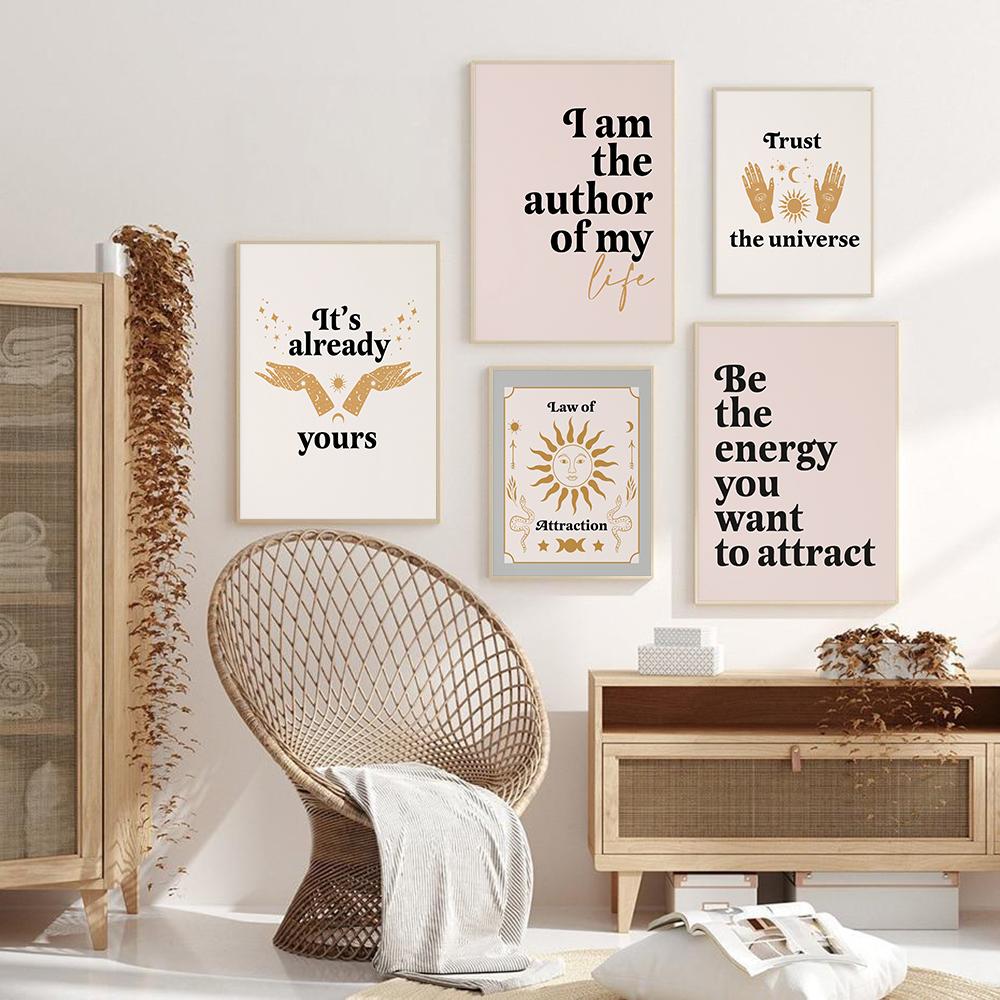 Zákon přitažlivosti Tisk Boho Art Quote Manifestation Plakát na plátně Všímavost Sebeláska Samostatná péče Terapie Nástěnná malba Dekor Bez rámu