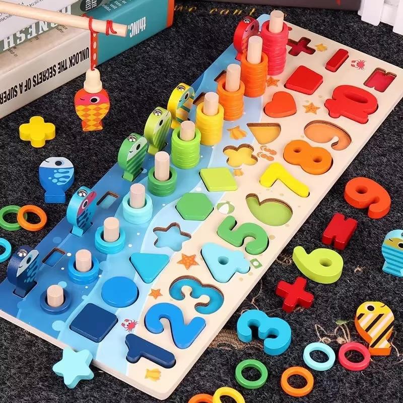 Montessori Toys Wooden Number Puzzle Sorting For Toddlers Shape Sorter Counting Fishing Game Educational Math Stacking Block