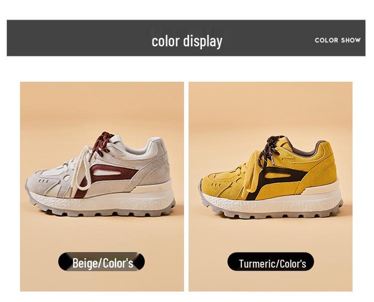 Genuine Leather 8CM Invisible Height Increasing Women's Retro Color Block Thick Sole Sports Shoes - Autumn 2025 Collection