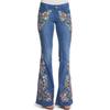 Women's Mid Rise Flared Jeans Slim Fit Floral Embroidery Vintage Washed Denim Bell Bottom Pants