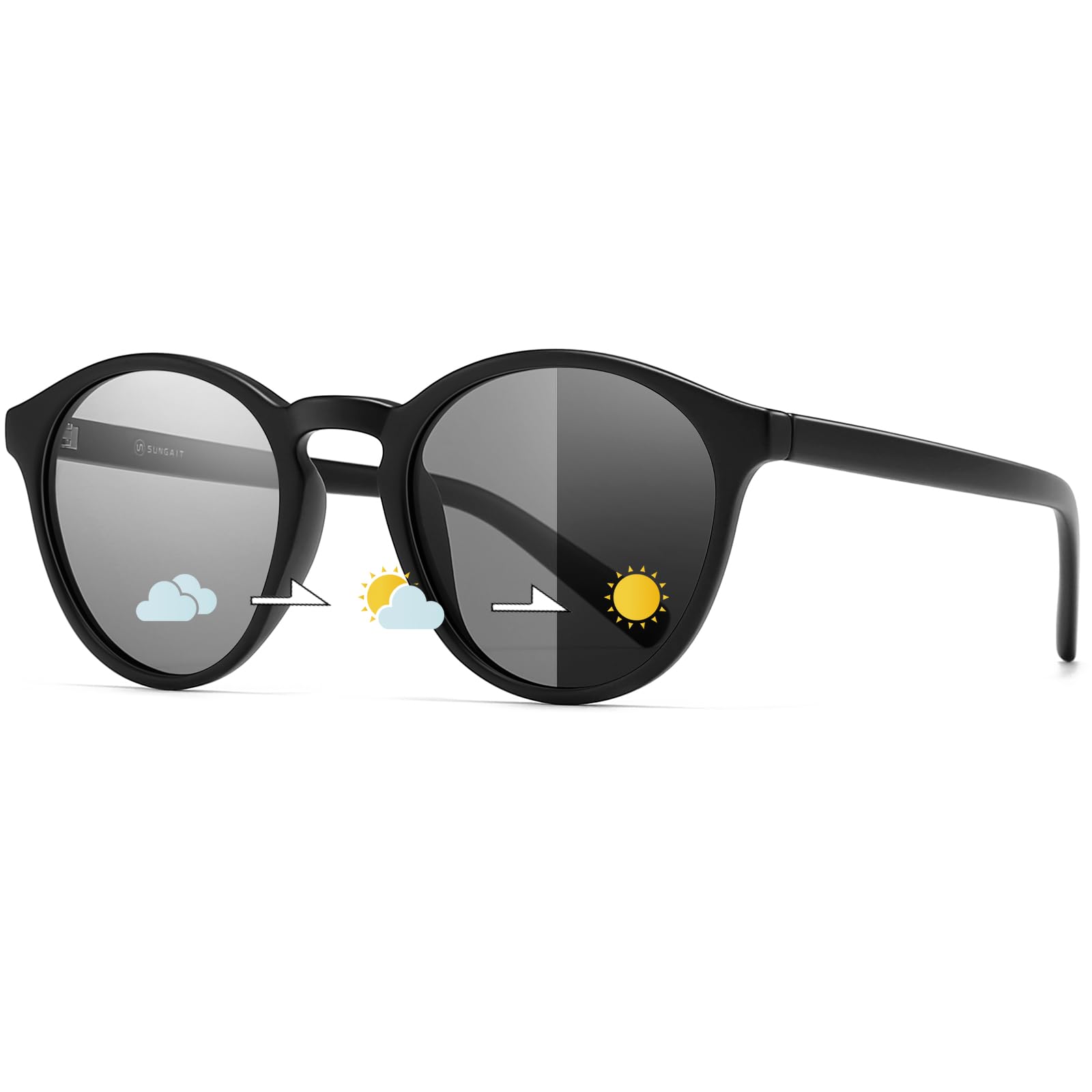 

SUNGAIT Classic Vintage Round Polarized Sunglasses for Men and Retro UV400 Protection Frame Women, Style, (Black (Matte Finish)/Photochromic Lenses)