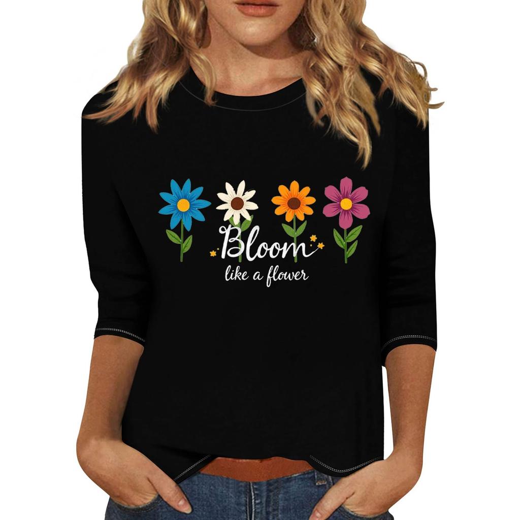 Women's Fashionable Casual Three Quarter Sleeve Printed Collar Pullover Top