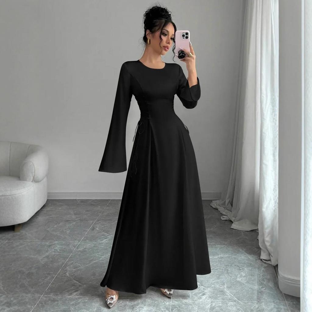 Women Elegant Solid Color Maxi Dress Round Neck Bell Sleeves Drawstring Ruched Waist Casual Formal Dress